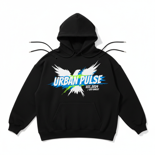 Oversized black streetwear hoodie with graphic design