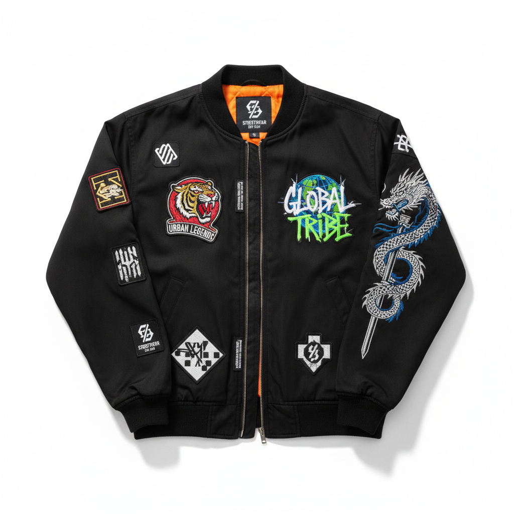 Black streetwear bomber jacket with patches